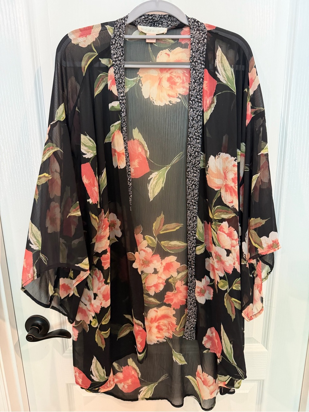 Band of Gypsies Black Sheer Floral Kimono with Coral Roses